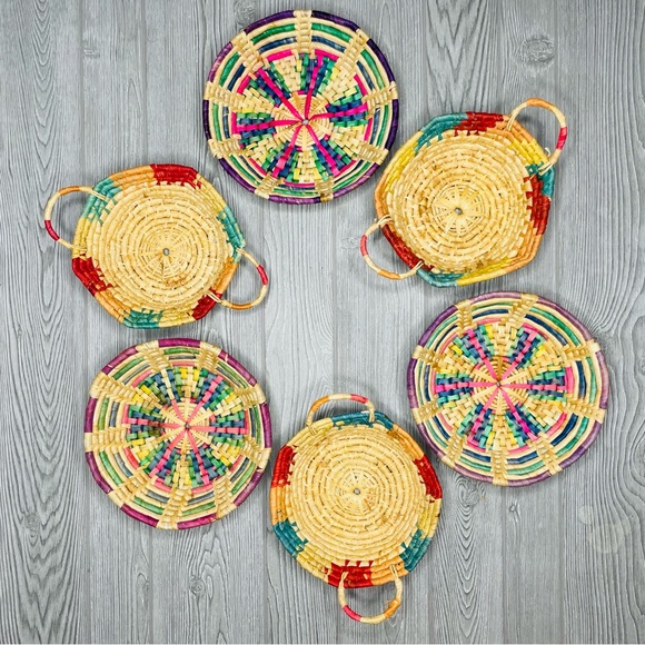 Vintage pastel woven baskets 6 , 3 w/ handles 3 without decoration accents boho - Picture 2 of 7